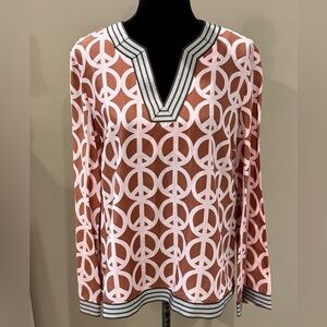 Women’s JULES REID Brown and pink peace sign printed tunic top- Size 14